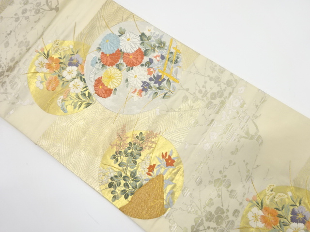 アンティーク　丸紋に流水・草花模様織り出し袋帯（材料）